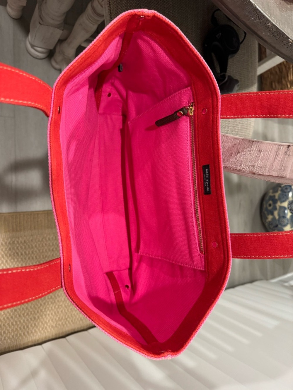 kate spade Hot Pink Canvas Tote with Red Handles - Picture 3 of 4